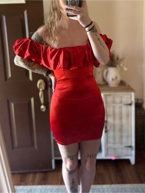 SHEIN Red Off-Shoulder Ruffle Mini Dress
